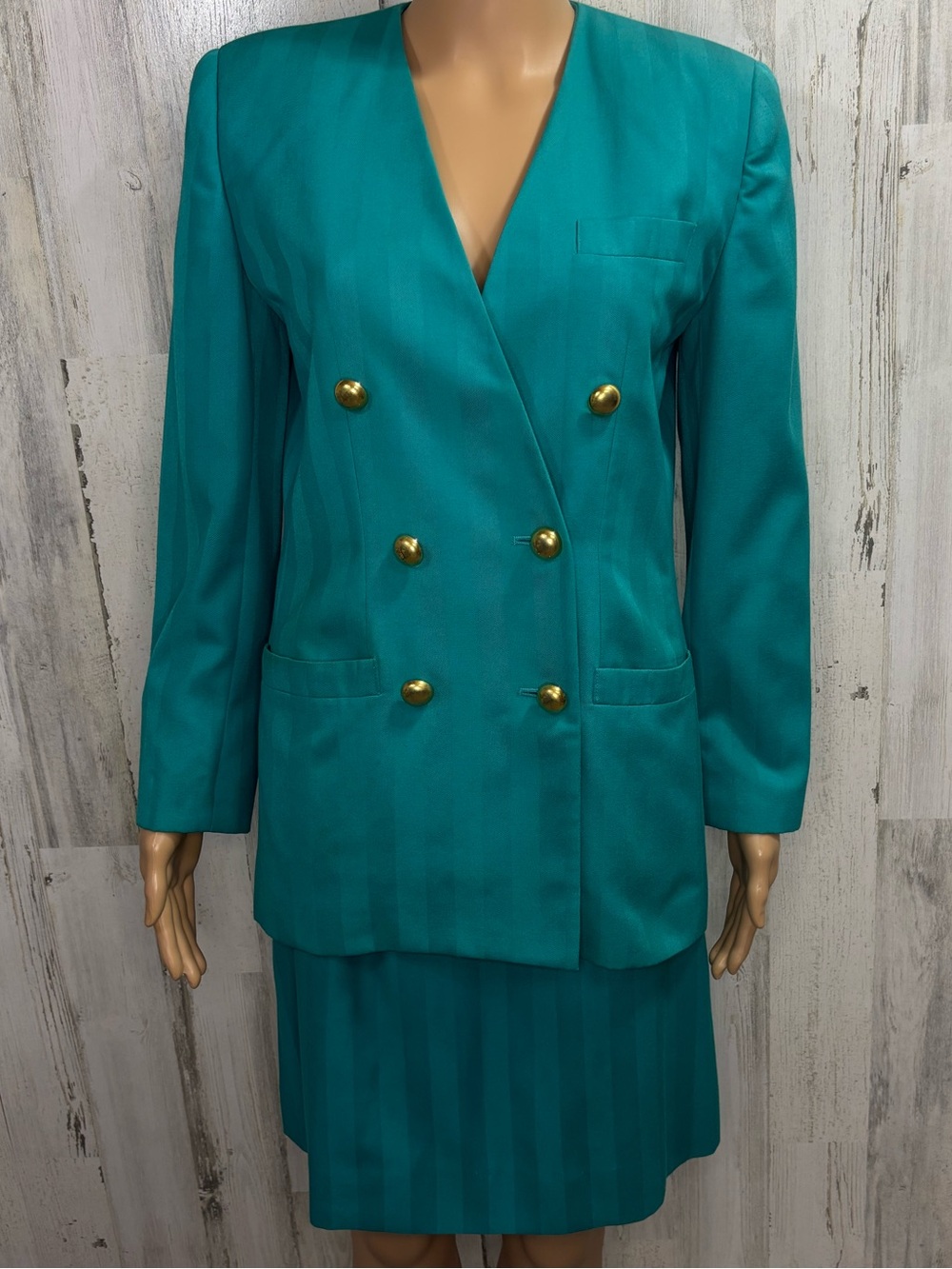 Worthington Vintage 80’s-90’s Teal Double-Breasted Two-Piece Blazer Skirt Suit